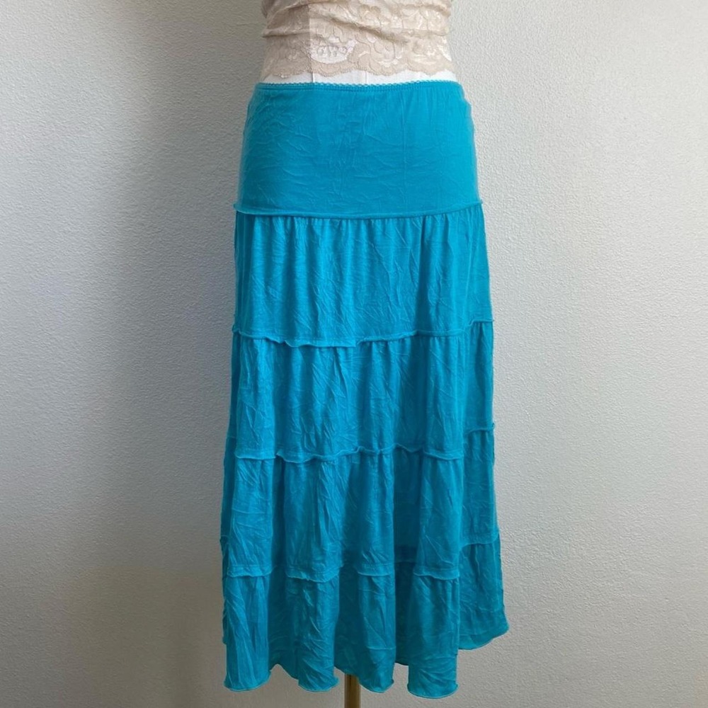 Iz Byer California Y2K Blue Tiered Midi Skirt Drop Waist Yoke Stretchy Bohemian
